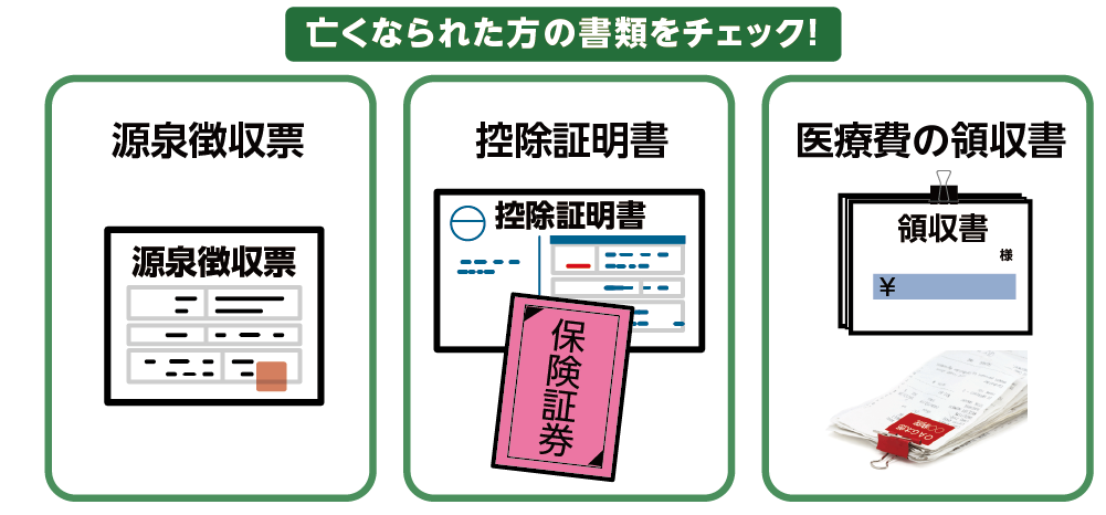 亡くなられた方の所得状況等が分かる書類を集める