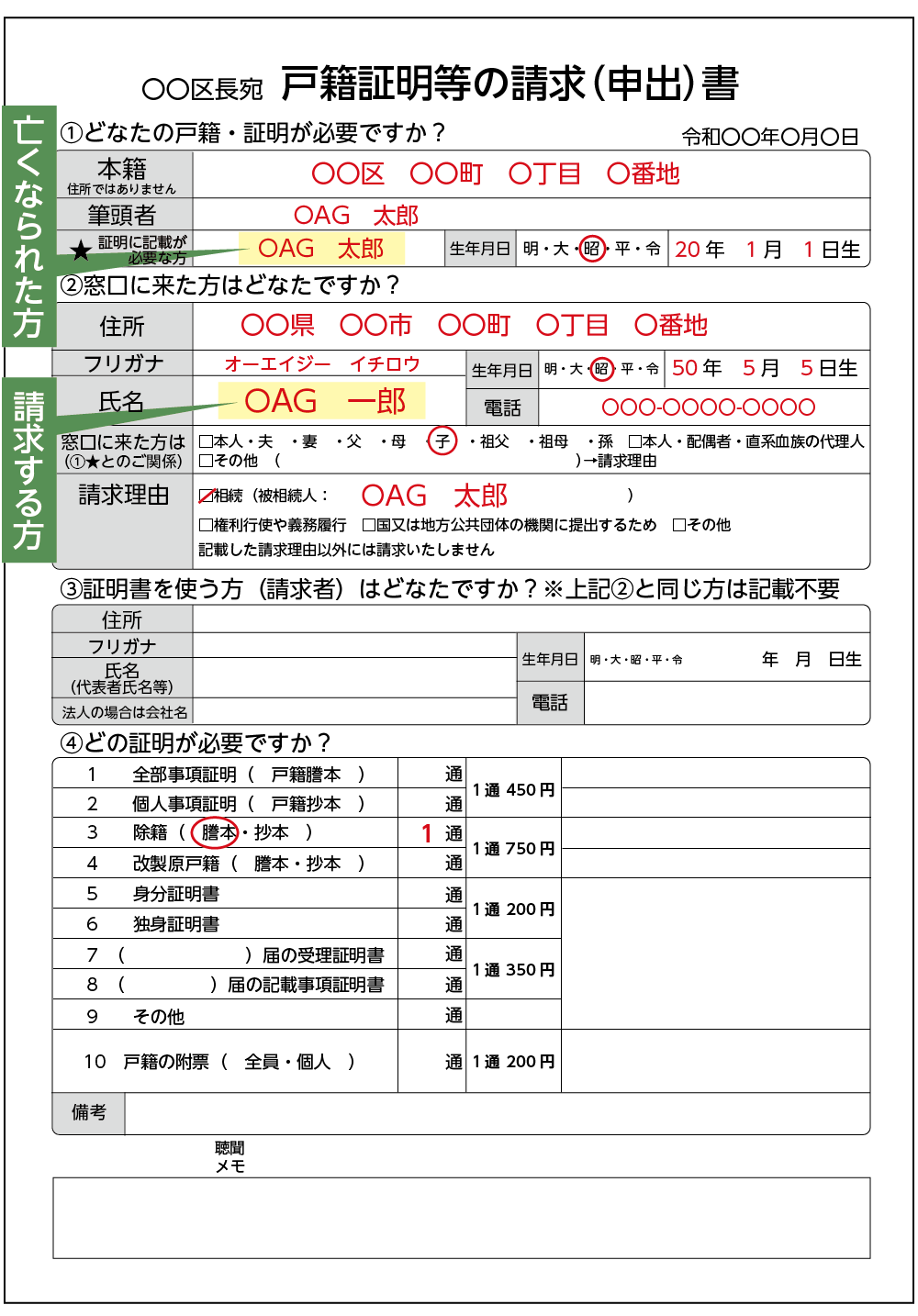 請求用紙の記入例