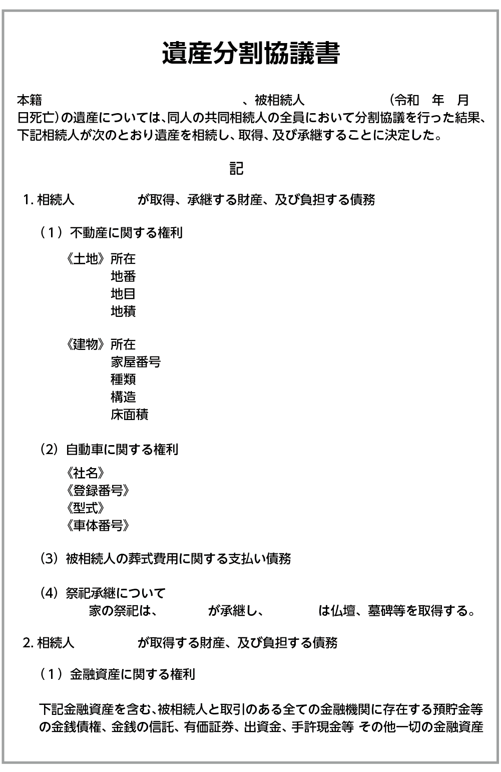 遺産分割協議書の基本のひな形