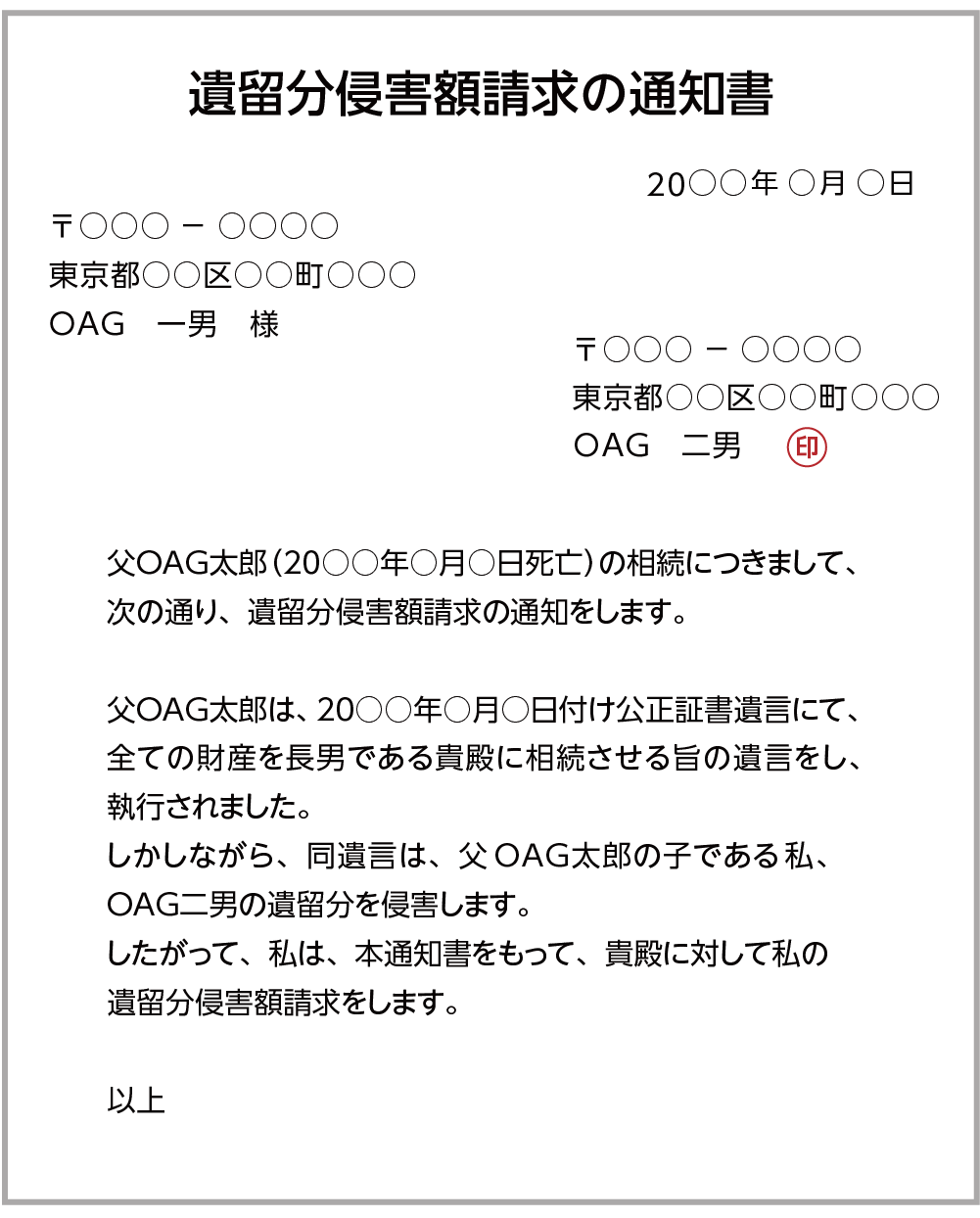 遺留分侵害額請求の通知書