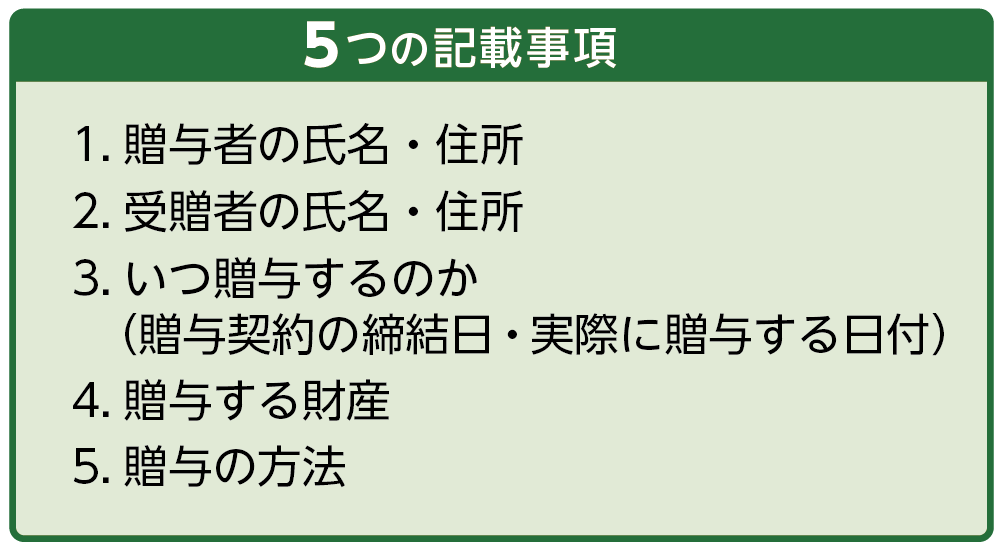 贈与契約書に記載する5つの事項