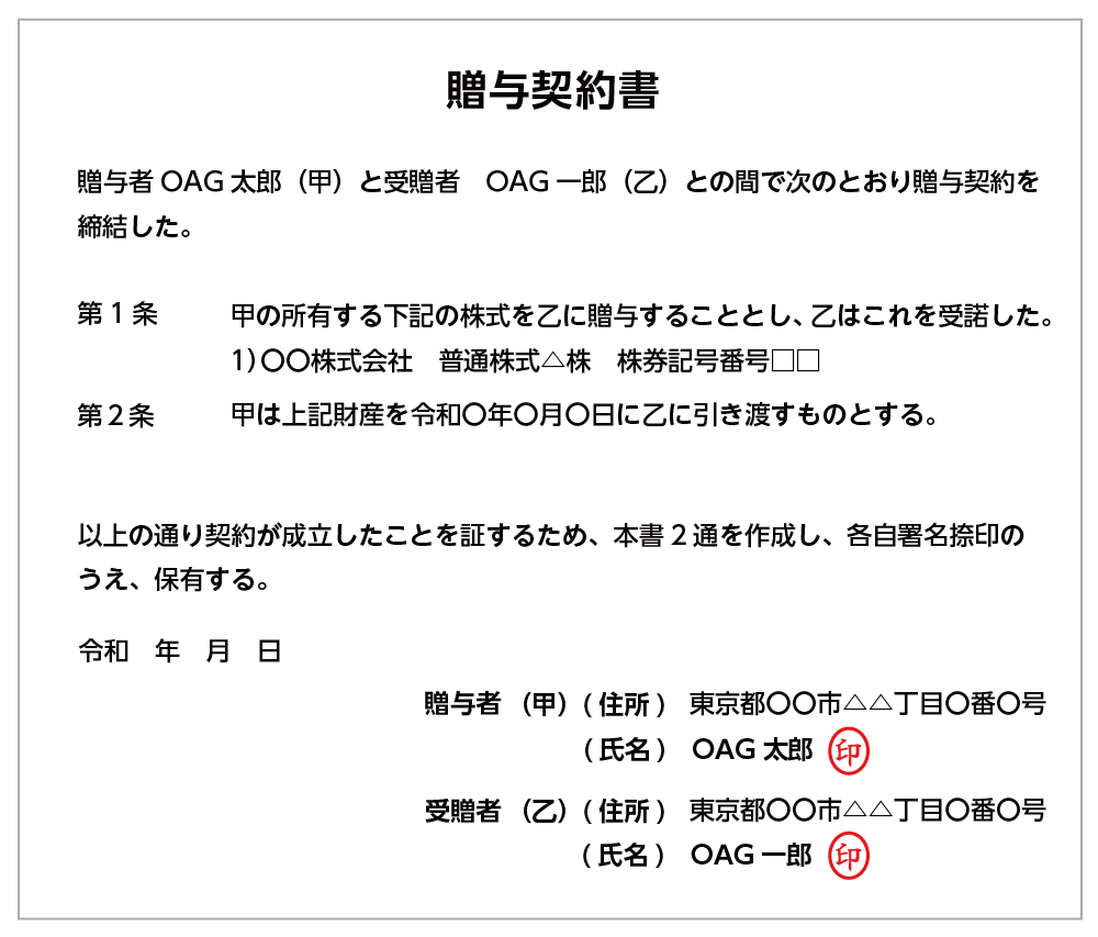 株式を贈与するときの贈与契約書の記載例