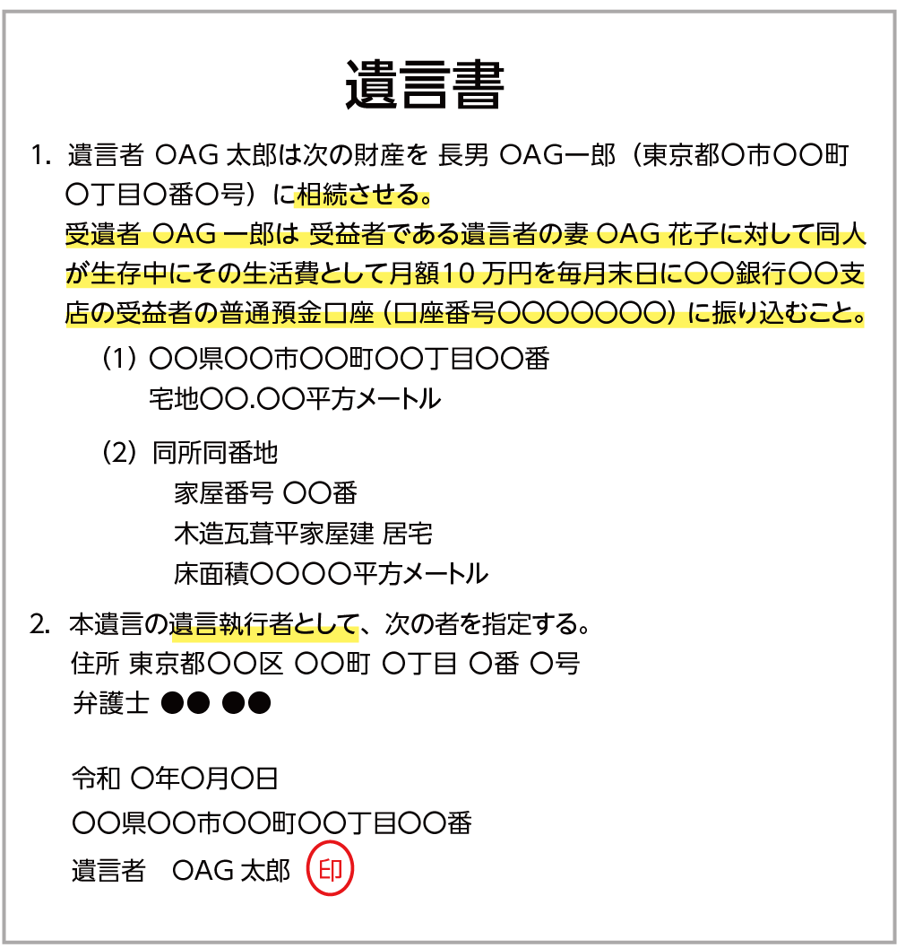 負担付遺贈の遺言書の記載例